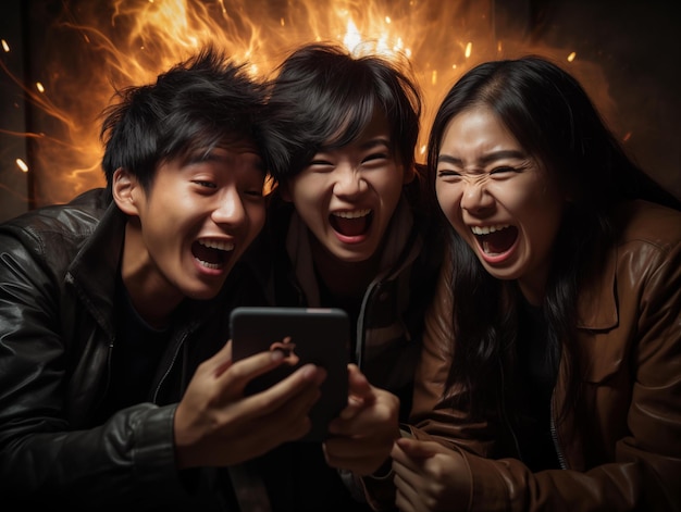Friends Laughing at a Video on Phone at a Nighttime Outdoor Party