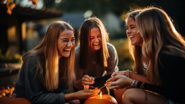 Friends laughing while carving pumpkins