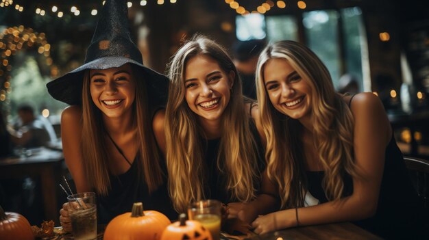 Friends laughing while carving pumpkins