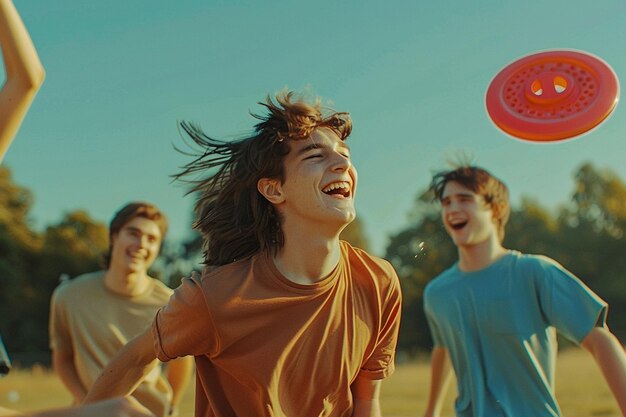 Foto amici che ridono mentre giocano a frisbee