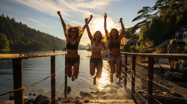 Friends leaping off a wooden dock into a sparkling lake AI Generated