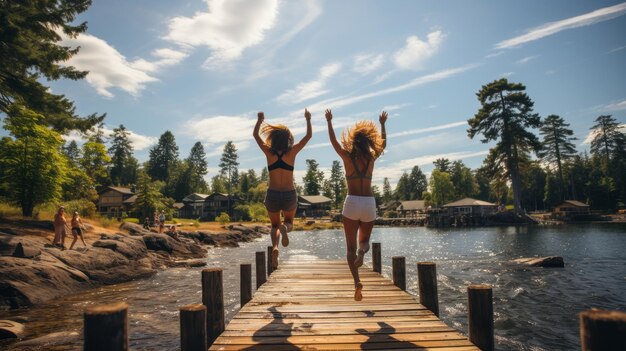 Friends leaping off a wooden dock into a sparkling lake