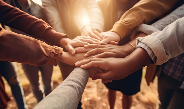 Foto amici che si danno la mano e formano un cerchio che simboleggia la loro unità e solidarietà