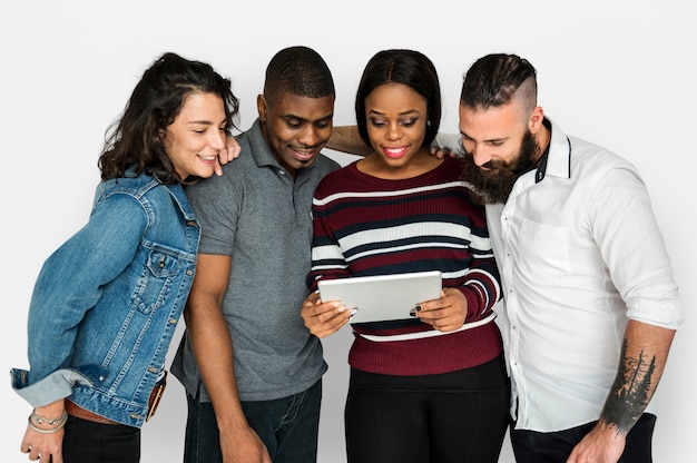 Friends looking at tablet 