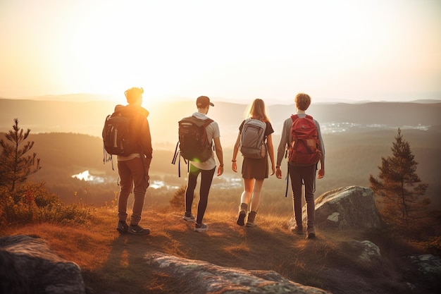 Premium AI Image | Friends mountain hike sunset Outdoor hiking Generate Ai