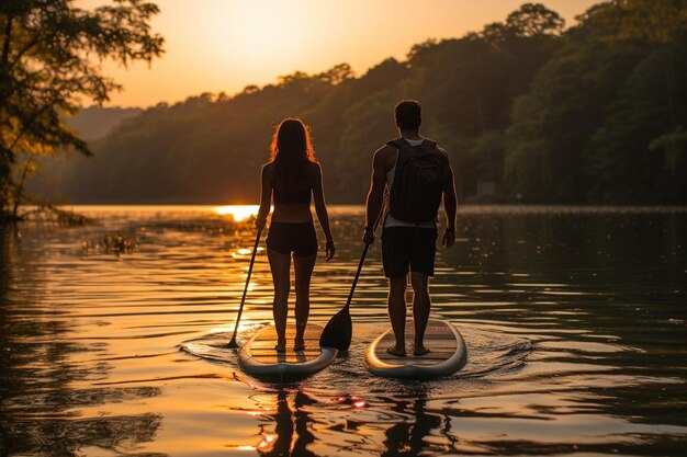 Friends paddleboarding on a tranquil lake