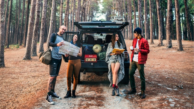 Friends Parked Car Forest Concept