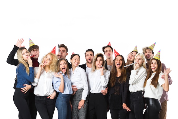 Friends at a party isolated on white. Concept of the holiday.