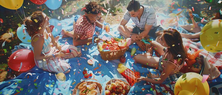 Photo 담요 와 바구니 를 들고 야외 피크닉 을 하는 친구 들