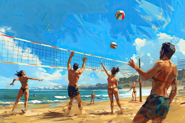 Friends playing a game of beach volleyball