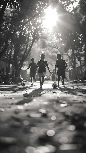 Foto amici che giocano a calcio in un quartiere colombiano attività di vacanza dei vicini