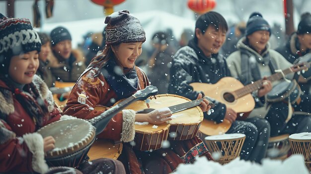 写真 ハービの近所の休日のクリエイティブな背景で友達が伝統的な楽器を演奏しています