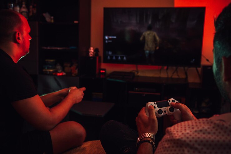 Photo friends playing video game at home