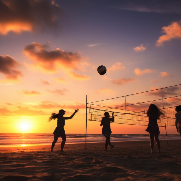 Photo friends playing volleyball on beach at sunset