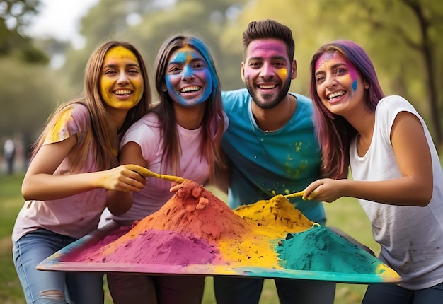 Photo friends playing with holi powder