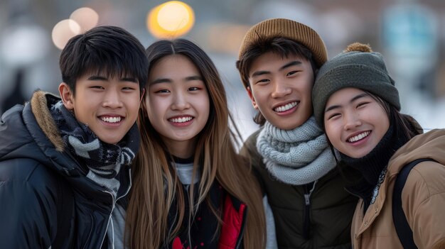 Photo friends portrait and asian people on winter break happy outdoor with weather and travel for vacation