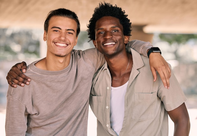 Friends portrait and men outdoor with hug and together relax and happy with diversity smile and freedom Friendship care and bonding with solidarity support and young people with bond and trust