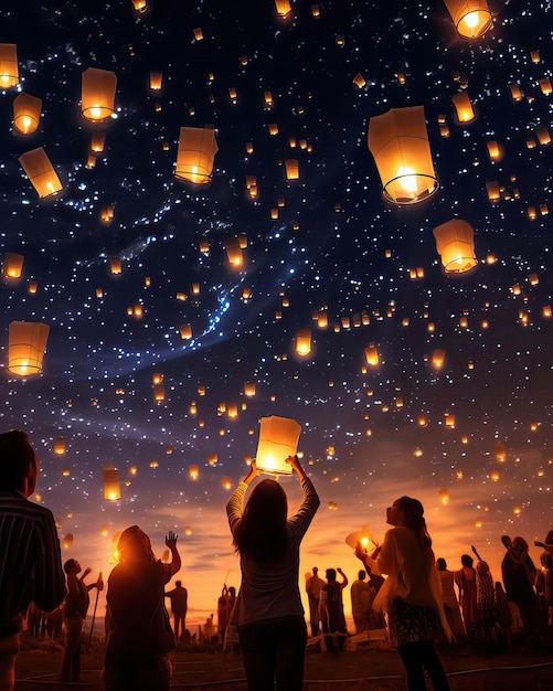 Friends releasing colorful lanterns into the night sky symbolizing their wishes and dreams