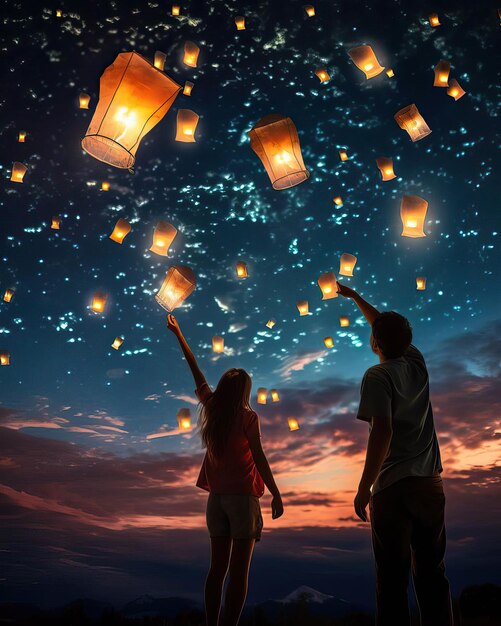 Friends releasing colorful lanterns into the night sky symbolizing their wishes and dreams