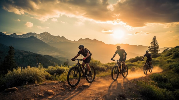 Friends riding bicycles in the mountains