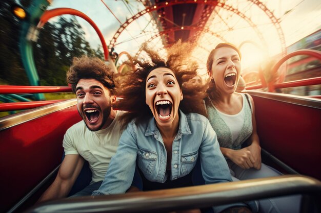 Friends riding roller coaster ride at amusement park People at amusement park Generative ai