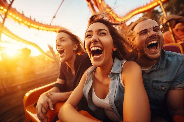 Friends riding roller coaster ride at amusement park People having fun Generative ai