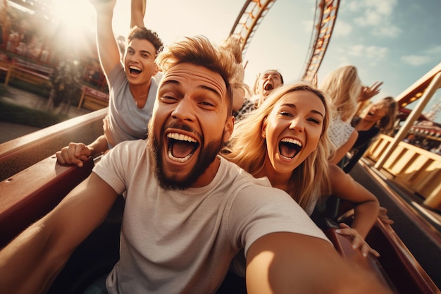 Friends riding roller coaster ride at amusement park People having fun Generative ai