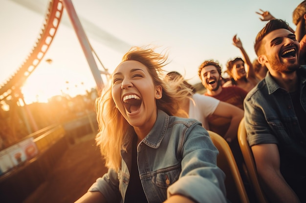 Friends riding roller coaster ride at amusement park People having fun Generative ai