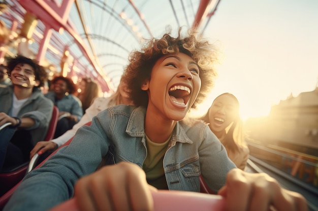 Friends riding roller coaster ride at amusement park People having fun Generative ai