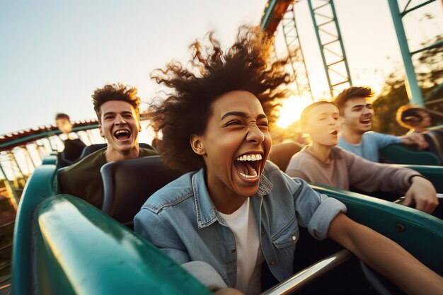 Photo friends riding roller coaster ride at amusement park people having fun generative ai