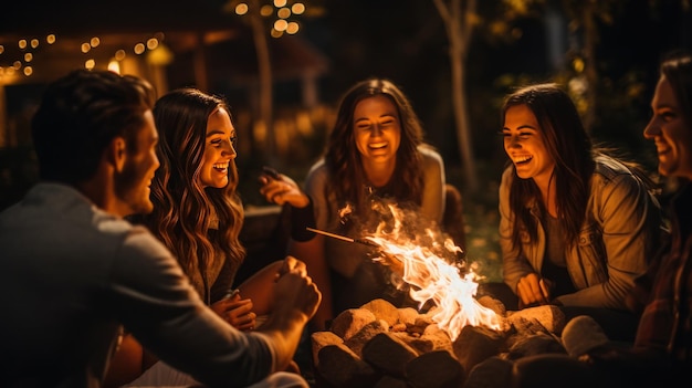 Friends roasting marshmallows by fire pit