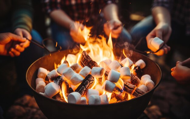 Photo friends roasting marshmallows over the fire with generative ai