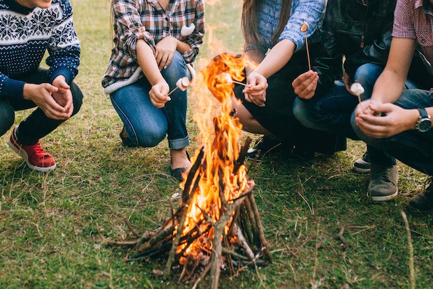 Amici che arrostiscono marshmallows sul fuoco