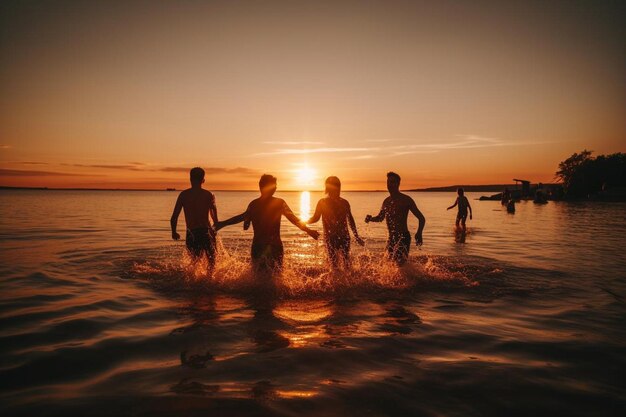 Friends running in the water