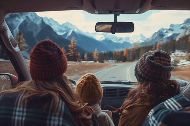 Photo friends on a scenic mountain road trip