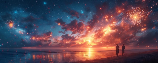 Friends Setting Off Fireworks On A Beach At Background