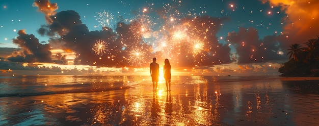 Photo friends setting off fireworks on a beach at wallpaper