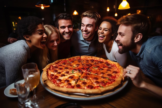 Друзья делят большую пиццу в ресторане