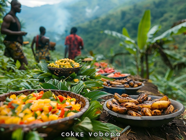 Photo friends sharing a meal at a picnic in the bwindi impenetrabl neighbor holiday activities background