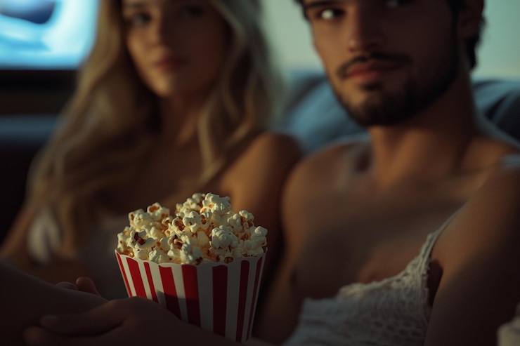 Photo friends sharing a popcorn at the movies