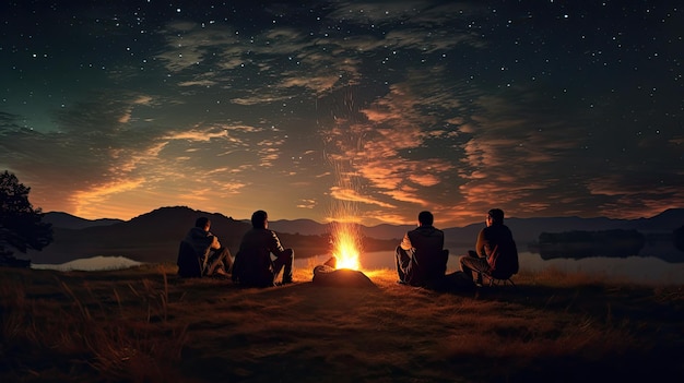 friends sit around a campfire and look at the stars.