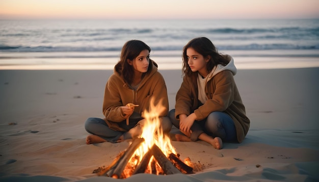 Friends sitingnear a fire