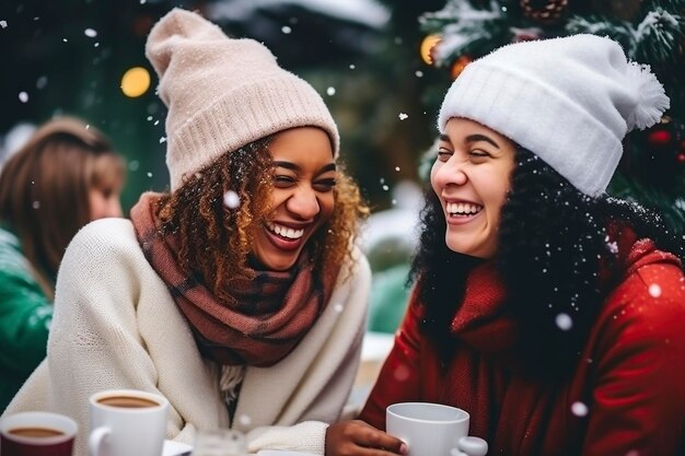 Photo friends under the snow very happy having a coffee