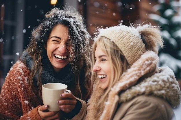 Photo friends under the snow very happy having a coffee