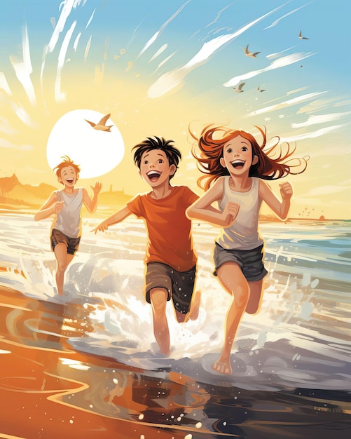 Friends splashing in the ocean waves their joy and laughter echoing through the beach