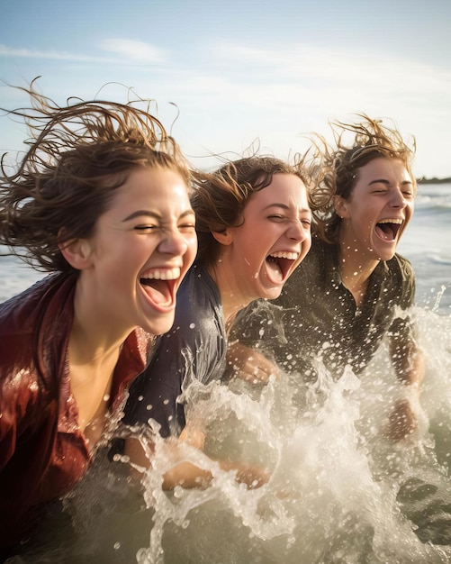 Друзья плещутся в океанских волнах, их радость и смех эхом разносятся по пляжу.