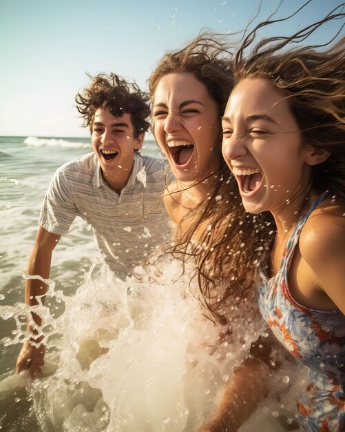 Friends splashing in the ocean waves their joy and laughter echoing through the beach