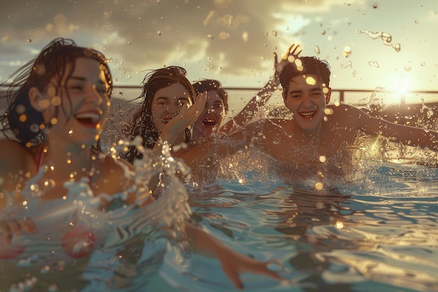 Friends splashing in a pool