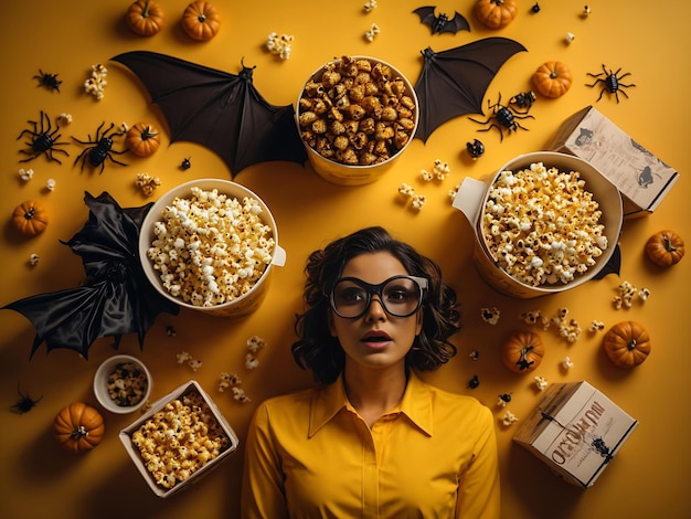 Friends' spooky movie gathering for halloween top view shot reveals thematic details popcorn boxes