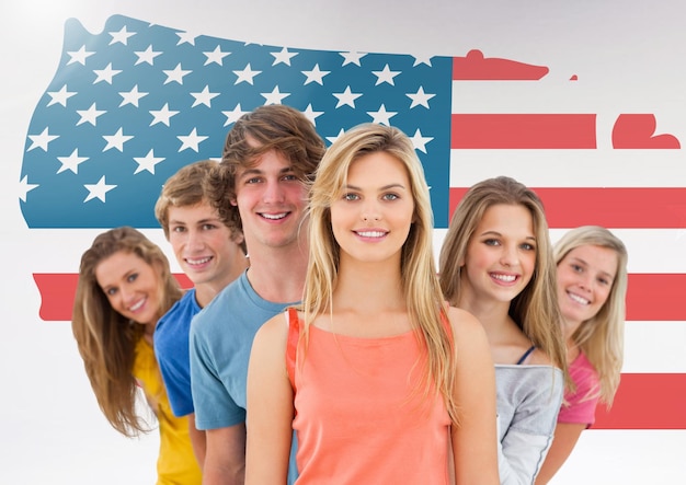 Friends standing together against american flag in background